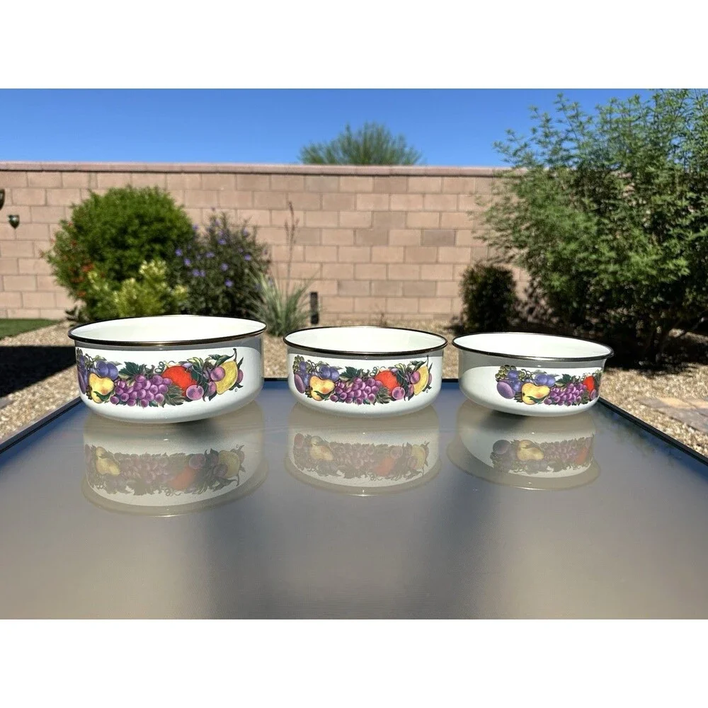 Cornucopia Enamelware Fruit Nesting Mixing Bowls Set Of 3 Enamel Metal